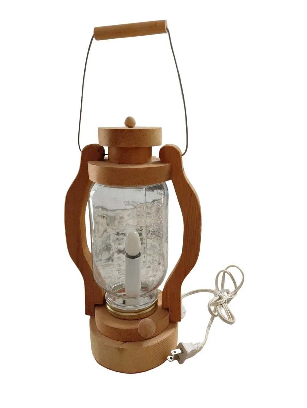 Handmade wooden electric lantern glass jar chimney Small white bulb Metal Handle
